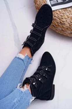 Damskie Botki Zamszowe Nity Klamry Czarne Berugio Damskie Botki Zamszowe|Botki Płaskie