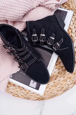 Damskie Botki Zamszowe Nity Klamry Czarne Berugio Damskie Botki Zamszowe|Botki Płaskie