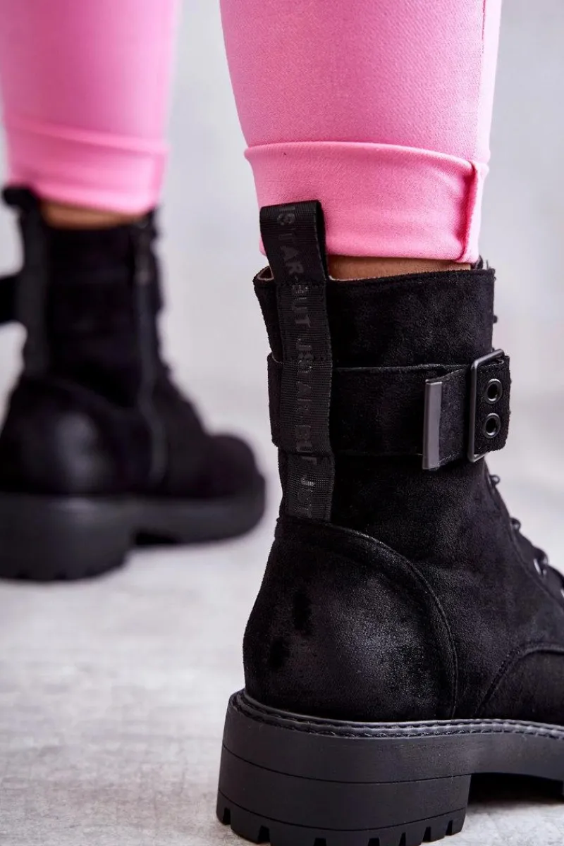 Best Boto Damskie Botki Zamszowe Sznurowane Na Płaskim Obcasie Czarne Firmina