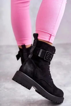 Best Boto Damskie Botki Zamszowe Sznurowane Na Płaskim Obcasie Czarne Firmina