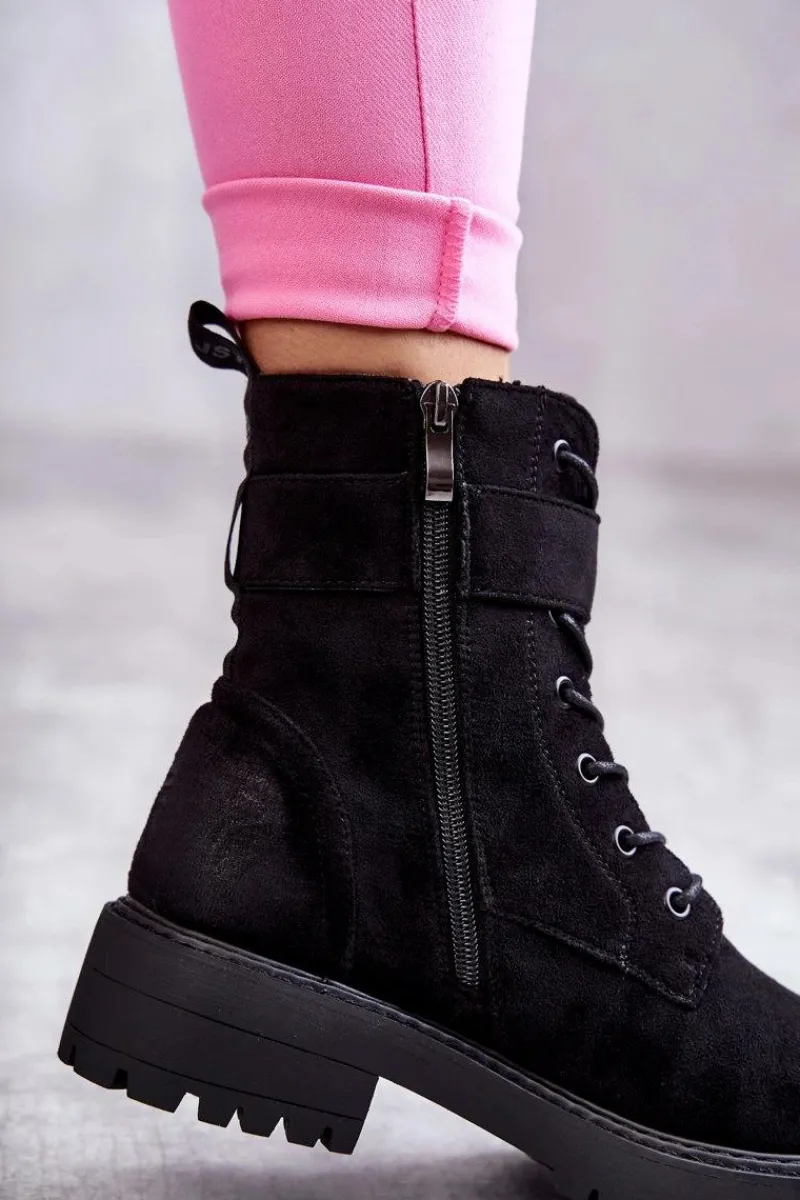 Best Boto Damskie Botki Zamszowe Sznurowane Na Płaskim Obcasie Czarne Firmina