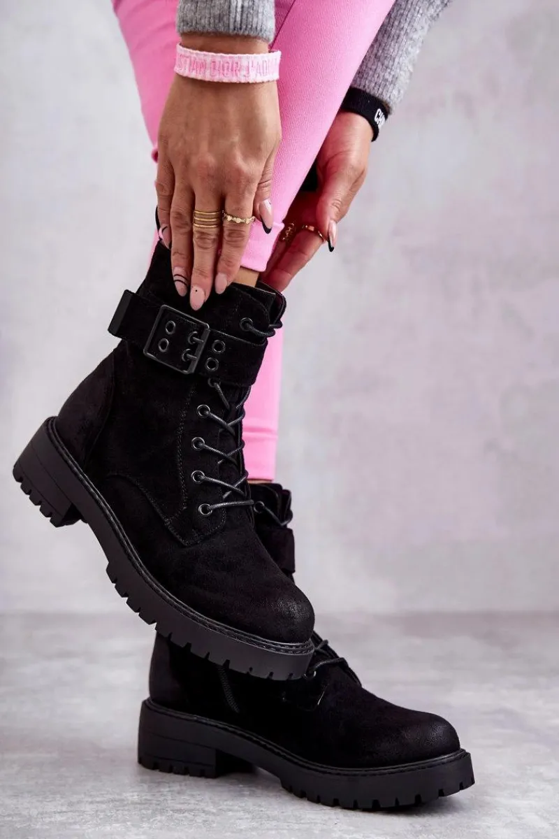 Best Boto Damskie Botki Zamszowe Sznurowane Na Płaskim Obcasie Czarne Firmina