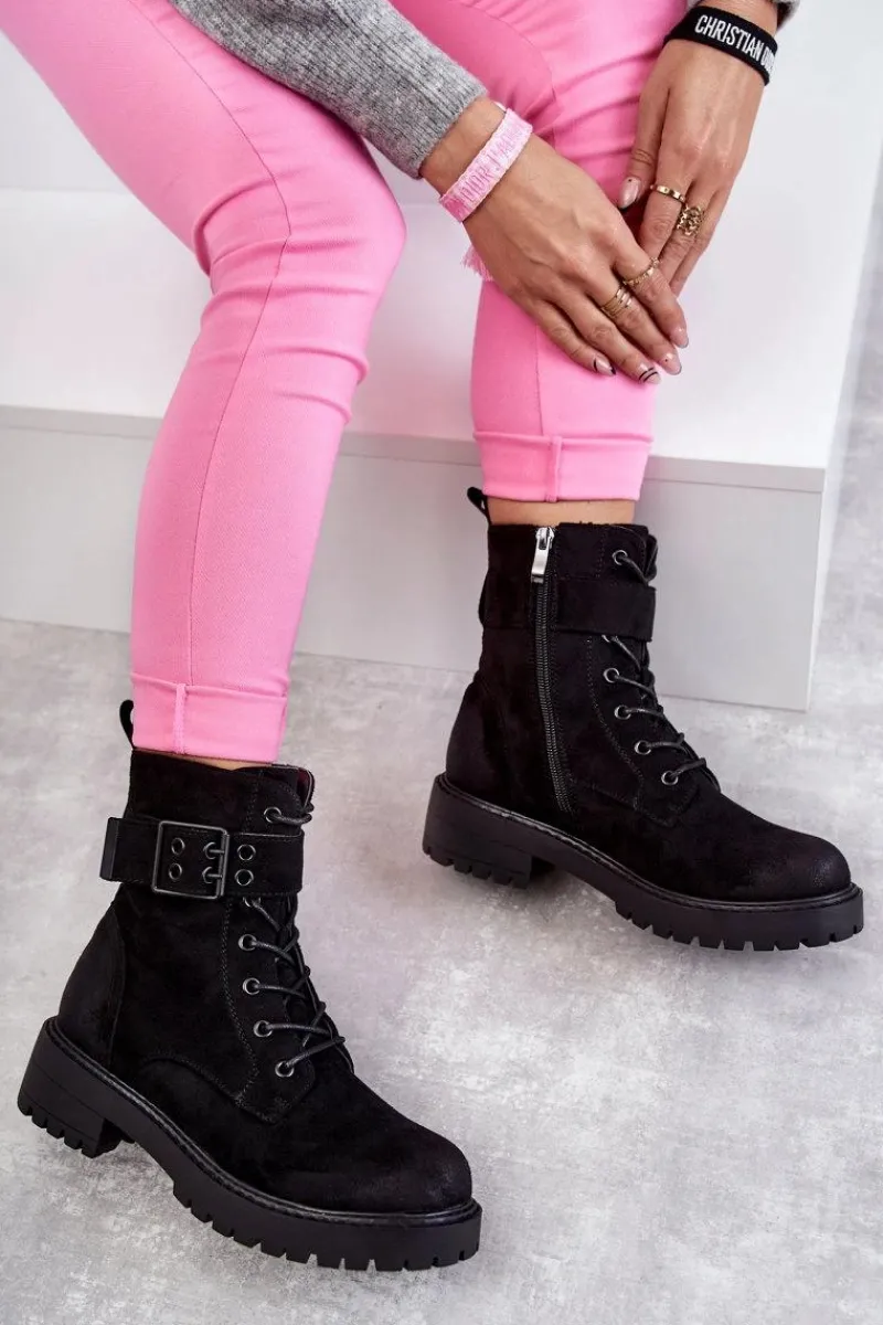 Best Boto Damskie Botki Zamszowe Sznurowane Na Płaskim Obcasie Czarne Firmina