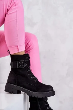 Best Boto Damskie Botki Zamszowe Sznurowane Na Płaskim Obcasie Czarne Firmina