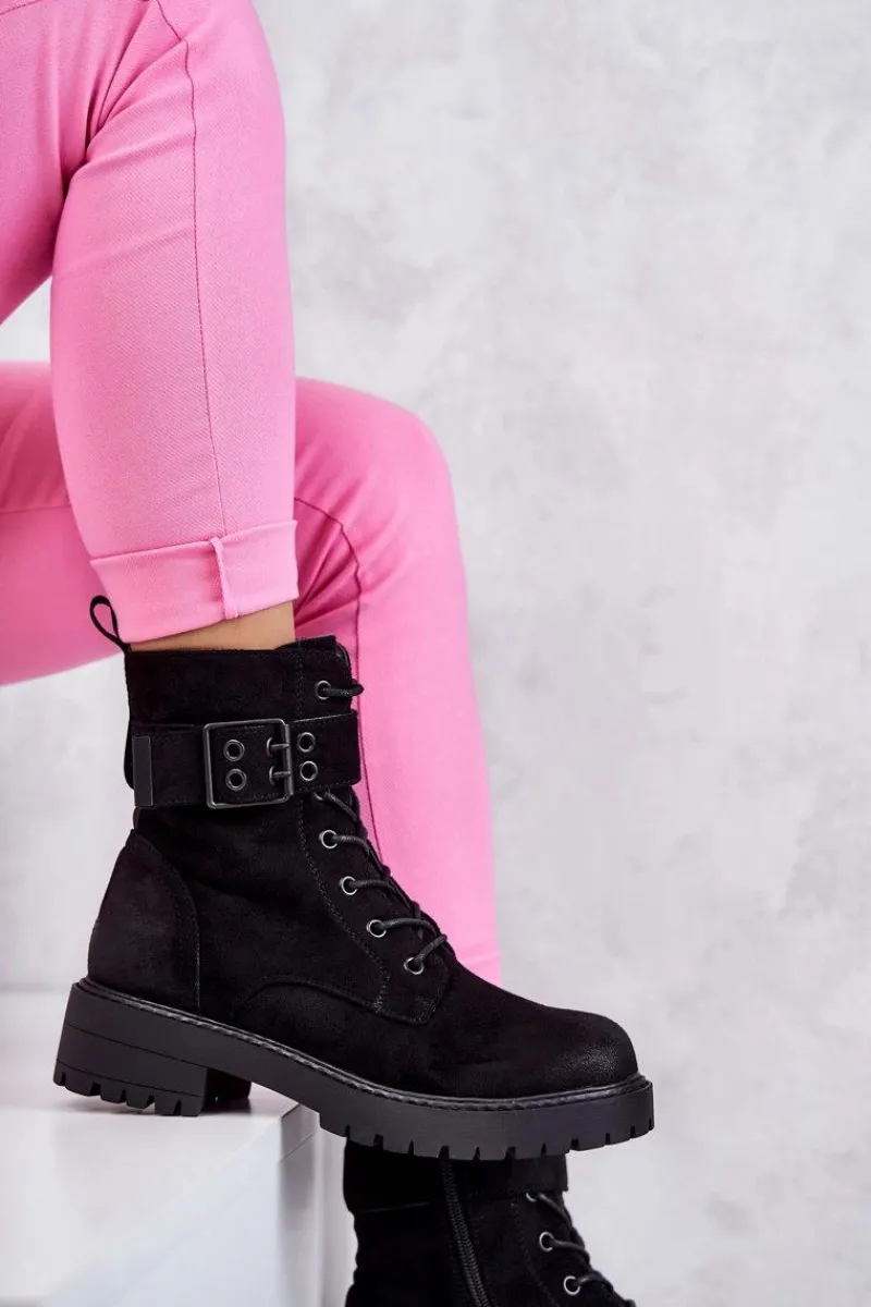 Best Boto Damskie Botki Zamszowe Sznurowane Na Płaskim Obcasie Czarne Firmina