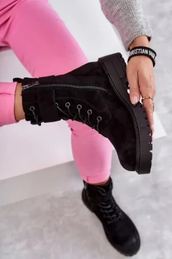 Best Boto Damskie Botki Zamszowe Sznurowane Na Płaskim Obcasie Czarne Firmina