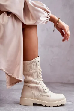 Botki Sznurowane|Botki Płaskie>Boto Damskie Botki Ze Skarpetą Na Płaskim Obcasie Beżowe Liam