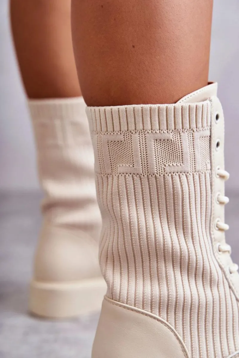 Botki Sznurowane|Botki Płaskie>Boto Damskie Botki Ze Skarpetą Na Płaskim Obcasie Beżowe Liam