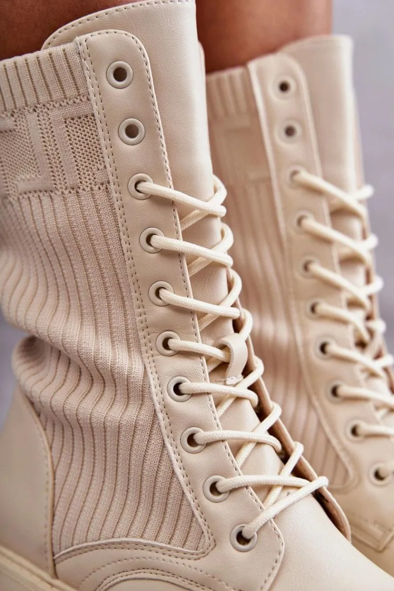 Botki Sznurowane|Botki Płaskie>Boto Damskie Botki Ze Skarpetą Na Płaskim Obcasie Beżowe Liam