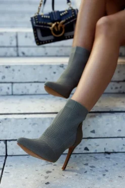 Botki Wiosenne|Botki Na Obcasie>Damskie buty S.Barski Damskie Botki Ze Skarpetą Na Szpilce Khaki Last Night