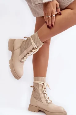 Discount Boto Damskie Botki Ze Skarpetą Sznurowane Jasnobeżowe Gentiana Beżowy