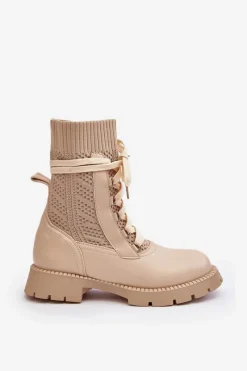 Discount Boto Damskie Botki Ze Skarpetą Sznurowane Jasnobeżowe Gentiana Beżowy