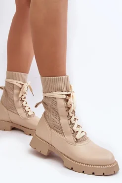 Discount Boto Damskie Botki Ze Skarpetą Sznurowane Jasnobeżowe Gentiana Beżowy