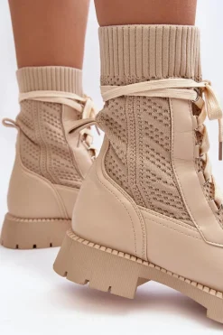 Discount Boto Damskie Botki Ze Skarpetą Sznurowane Jasnobeżowe Gentiana Beżowy