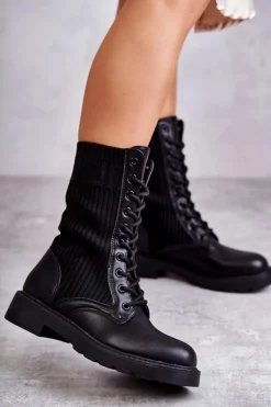 Botki Sznurowane|Czarne Botki>Boto Damskie Botki Ze Skarpetą Na Płaskim Obcasie Czarne Liam