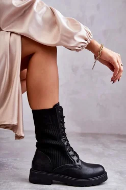 Botki Sznurowane|Czarne Botki>Boto Damskie Botki Ze Skarpetą Na Płaskim Obcasie Czarne Liam