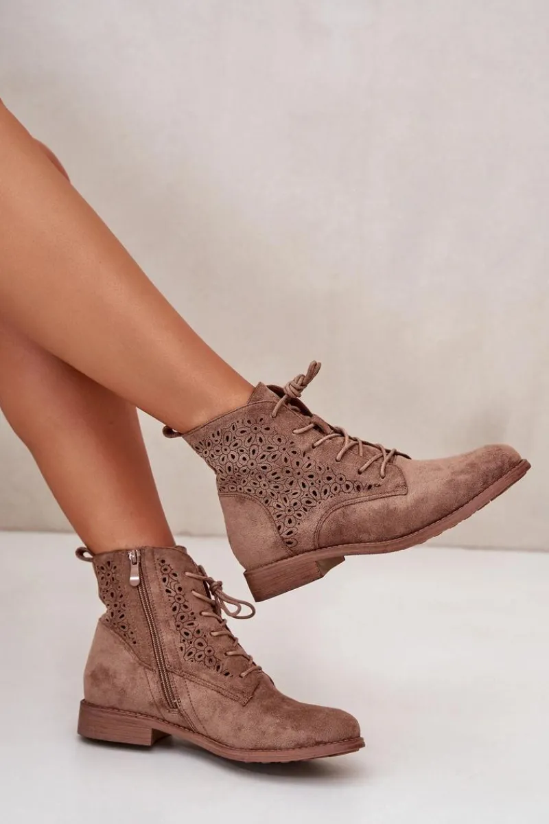 Botki Ażurowe|Brązowe I Beżowe Botki>Damskie buty S.Barski Damskie Botki Ze Wzorem Brązowe S.Barski HY66-136 Brązowy