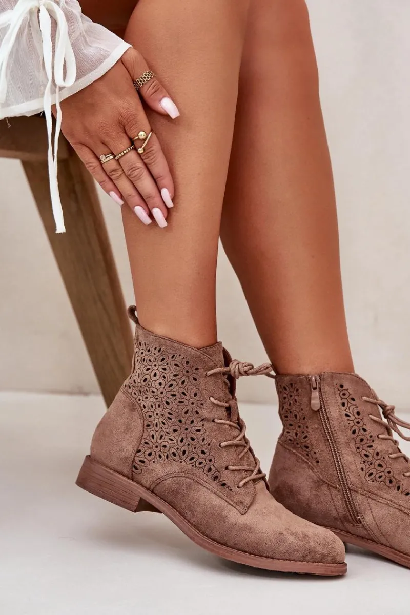 Botki Ażurowe|Brązowe I Beżowe Botki>Damskie buty S.Barski Damskie Botki Ze Wzorem Brązowe S.Barski HY66-136 Brązowy