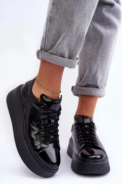 Online Boto Damskie Buty Sportowe Lakierowane na Platformie Czarne Lemar 10150