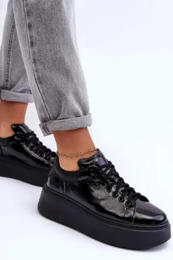 Online Boto Damskie Buty Sportowe Lakierowane na Platformie Czarne Lemar 10150