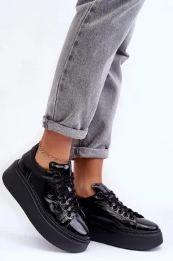 Online Boto Damskie Buty Sportowe Lakierowane na Platformie Czarne Lemar 10150