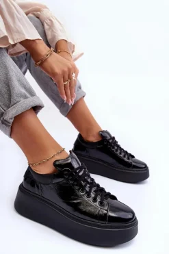 Online Boto Damskie Buty Sportowe Lakierowane na Platformie Czarne Lemar 10150