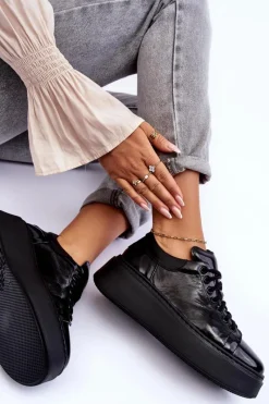 Online Boto Damskie Buty Sportowe Lakierowane na Platformie Czarne Lemar 10150