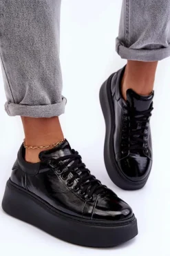 Online Boto Damskie Buty Sportowe Lakierowane na Platformie Czarne Lemar 10150