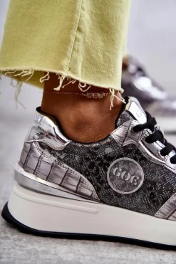 GOE Damskie Buty Sportowe Na Koturnie KK2N4083 Srebrne Srebrny