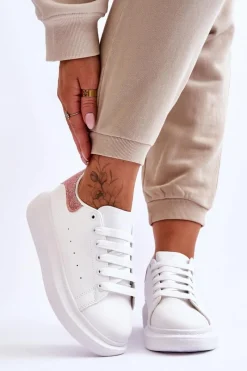 Clearance Boto Damskie Buty Sportowe Na Platformie Brokatowe Biało-Różowe Eliso