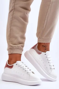 Clearance Boto Damskie Buty Sportowe Na Platformie Brokatowe Biało-Różowe Eliso