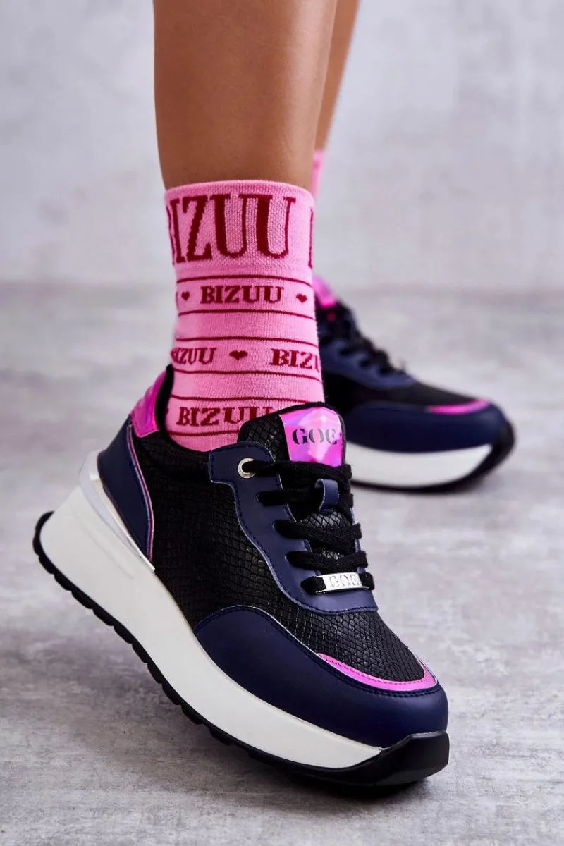 Clearance Damskie Buty Sportowe Na Koturnie KK2N4081 Czarno-Granatowe Damskie Sneakersy Damskie