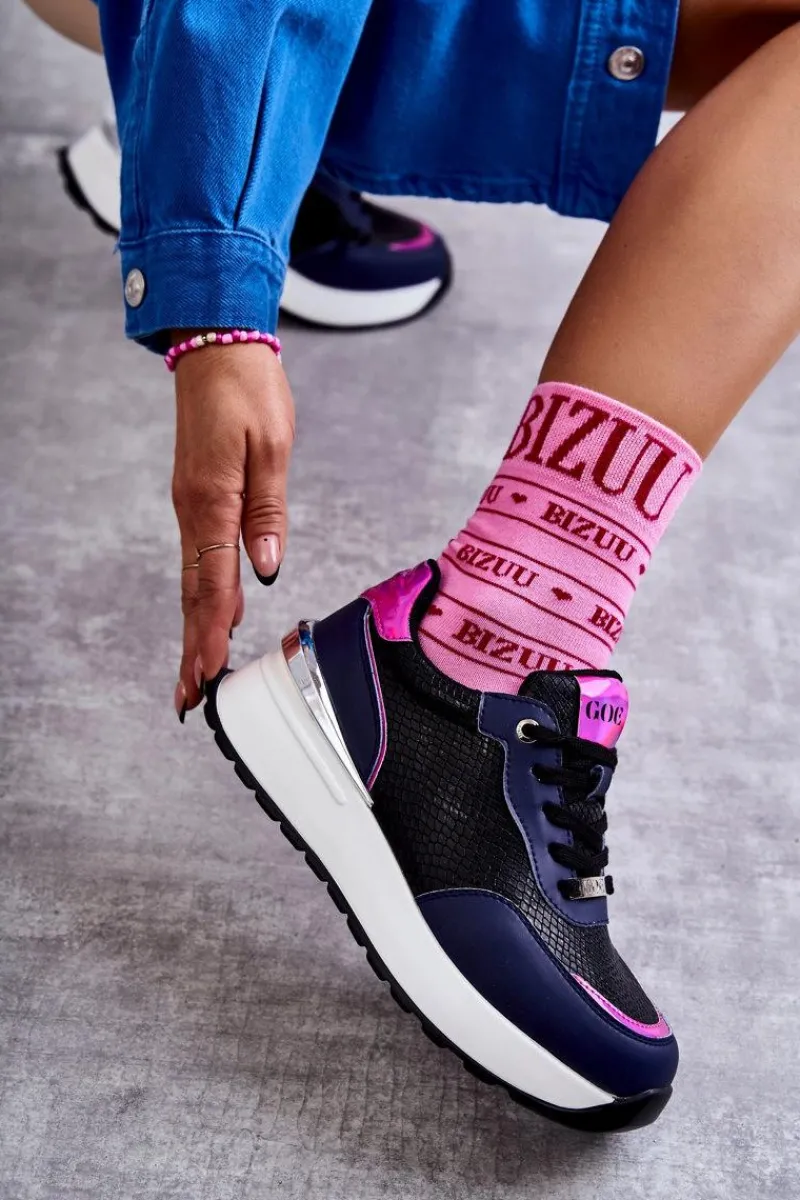 Clearance Damskie Buty Sportowe Na Koturnie KK2N4081 Czarno-Granatowe Damskie Sneakersy Damskie