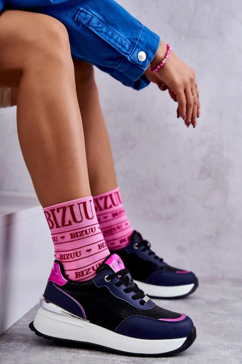 Clearance Damskie Buty Sportowe Na Koturnie KK2N4081 Czarno-Granatowe Damskie Sneakersy Damskie