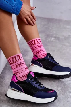 Clearance Damskie Buty Sportowe Na Koturnie KK2N4081 Czarno-Granatowe Damskie Sneakersy Damskie