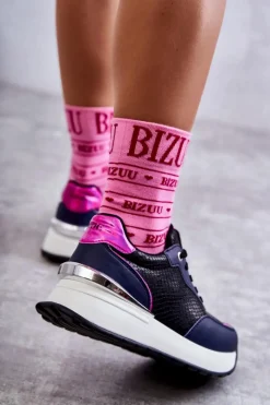 Clearance Damskie Buty Sportowe Na Koturnie KK2N4081 Czarno-Granatowe Damskie Sneakersy Damskie