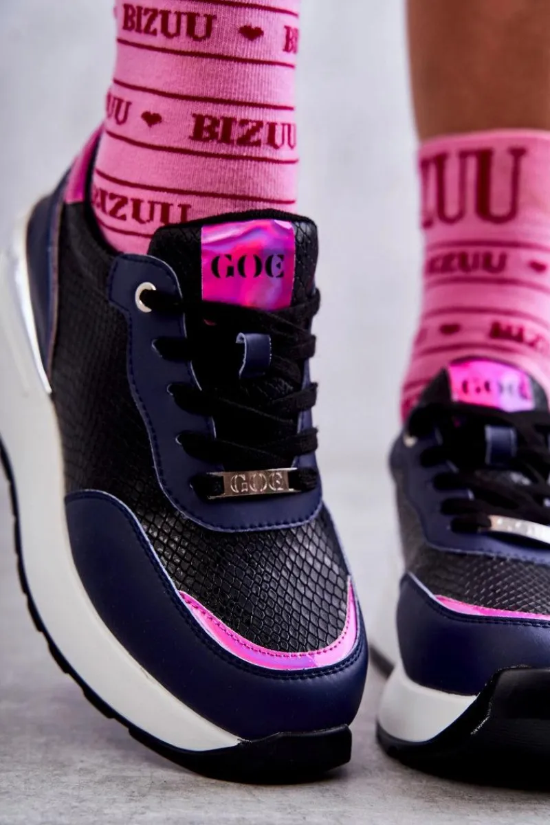 Clearance Damskie Buty Sportowe Na Koturnie KK2N4081 Czarno-Granatowe Damskie Sneakersy Damskie