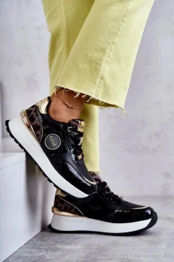 Sale Damskie Buty Sportowe Na Koturnie KK2N4085 Czarne Damskie Sneakersy Damskie