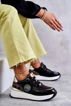 Sale Damskie Buty Sportowe Na Koturnie KK2N4085 Czarne Damskie Sneakersy Damskie