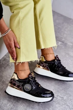 Sale Damskie Buty Sportowe Na Koturnie KK2N4085 Czarne Damskie Sneakersy Damskie