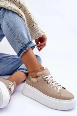 Boto Damskie Buty Sportowe Skórzane na Platformie Beżowe Lemar 10150 Beżowy