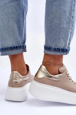 Boto Damskie Buty Sportowe Skórzane na Platformie Beżowe Lemar 10150 Beżowy