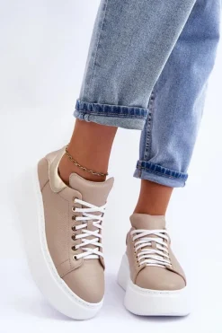 Boto Damskie Buty Sportowe Skórzane na Platformie Beżowe Lemar 10150 Beżowy