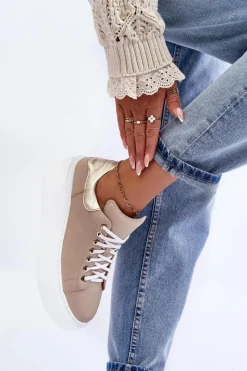 Boto Damskie Buty Sportowe Skórzane na Platformie Beżowe Lemar 10150 Beżowy