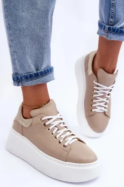Boto Damskie Buty Sportowe Skórzane na Platformie Beżowe Lemar 10150 Beżowy
