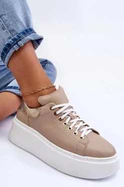 Boto Damskie Buty Sportowe Skórzane na Platformie Beżowe Lemar 10150 Beżowy