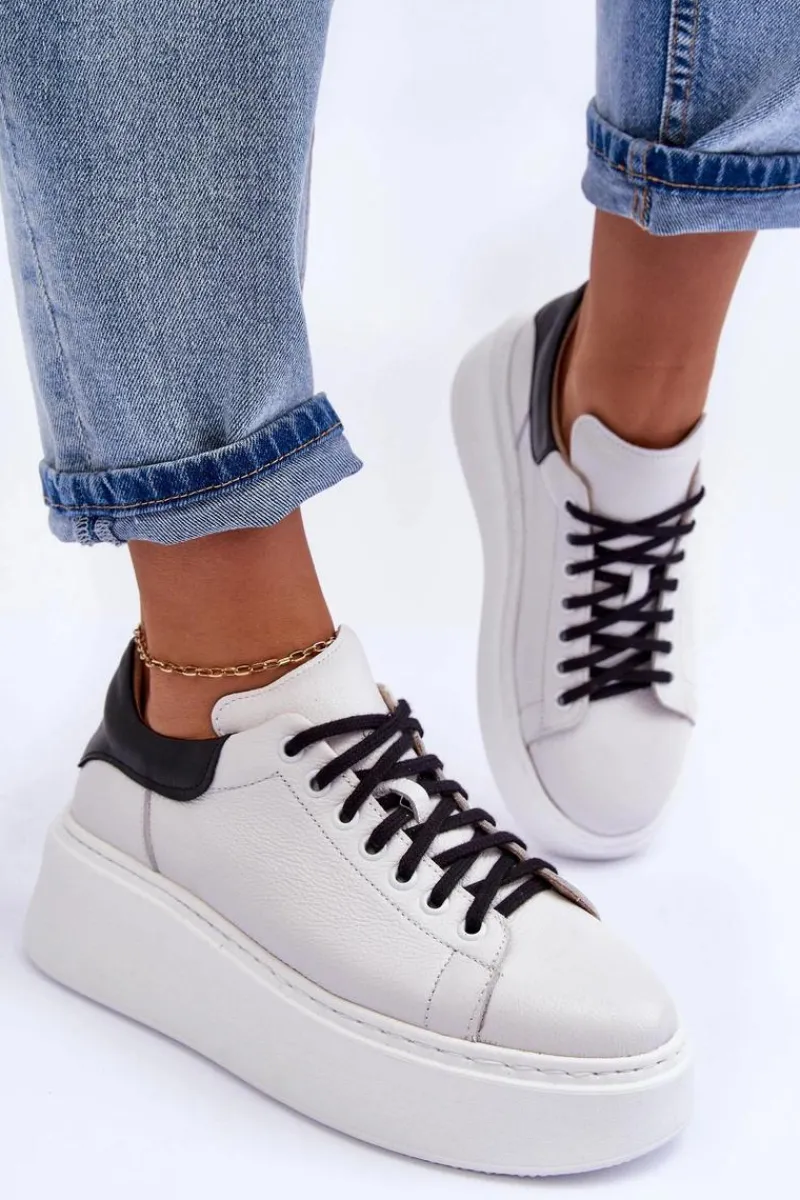 Sneakersy Damskie>Boto Damskie Buty Sportowe Skórzane na Platformie Biało-Czarne Lemar 10150 Biały