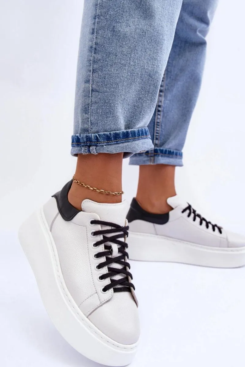 Sneakersy Damskie>Boto Damskie Buty Sportowe Skórzane na Platformie Biało-Czarne Lemar 10150 Biały