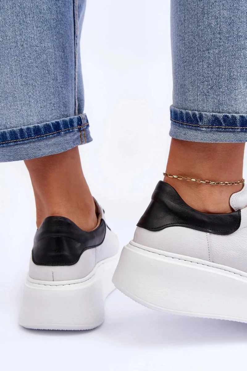 Sneakersy Damskie>Boto Damskie Buty Sportowe Skórzane na Platformie Biało-Czarne Lemar 10150 Biały