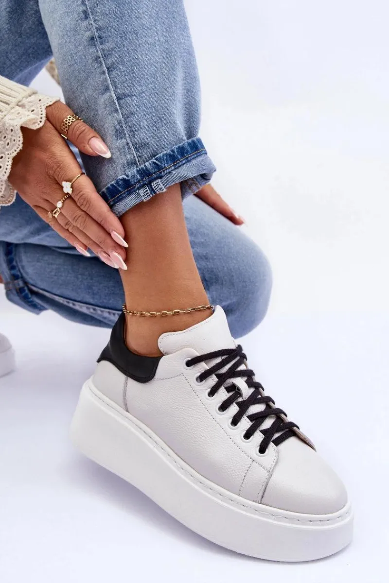 Sneakersy Damskie>Boto Damskie Buty Sportowe Skórzane na Platformie Biało-Czarne Lemar 10150 Biały